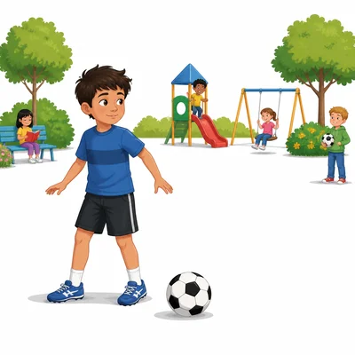 A child checks the area around a ball before kicking.
