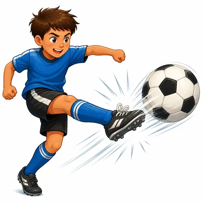 A child kicks a ball with the top part of the foot.