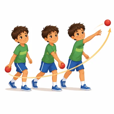 A child swings the arm forward in an underhand throw like a pendulum.