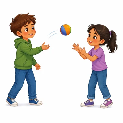 Two children standing close together gently toss a ball.