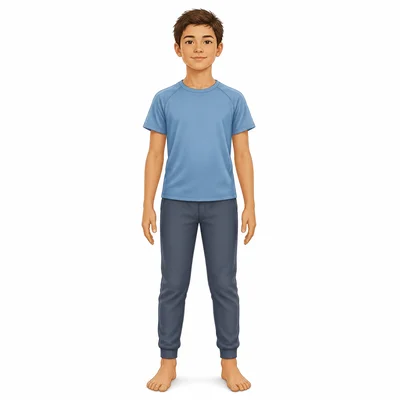 Student standing upright in Mountain Pose with arms relaxed at their sides.