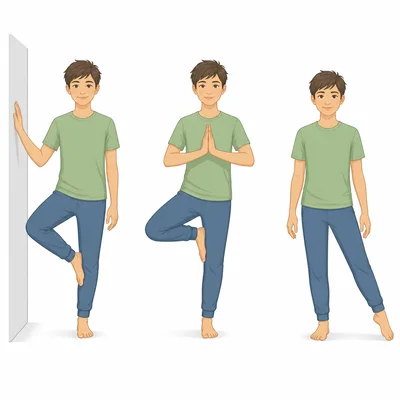 Students demonstrating easier Tree Pose options, including using a wall and placing the foot lower.