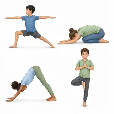 Four yoga poses shown: Warrior II, Child's Pose, Downward-Facing Dog, and Tree Pose.