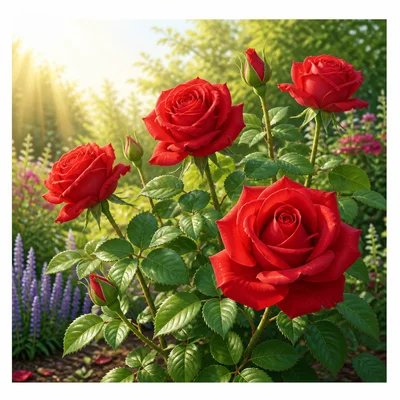 Red roses open in a garden glowing with morning light.