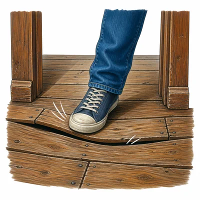 A foot steps on an old creaky wooden floorboard.