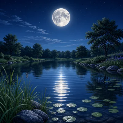 A silver moon shines over a quiet pond at night.