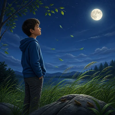 A child listens to crickets and feels a cool night breeze.