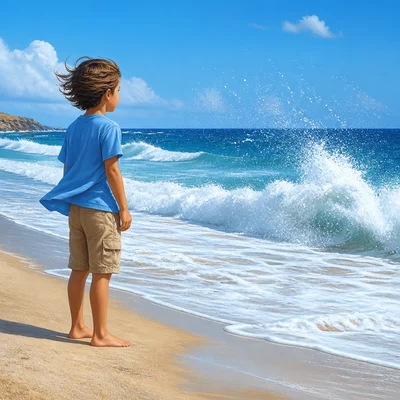 Wind blows across a beach as waves crash on the sand.