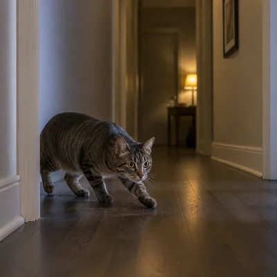 A cat creeps quietly through a dim hallway.