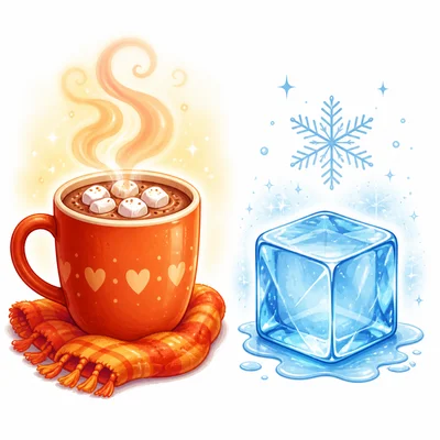 A hot steaming mug beside a cold ice cube.