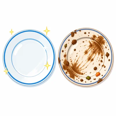 A clean plate beside a dirty plate.