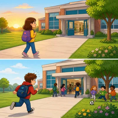 One child arrives early, while another child arrives late.