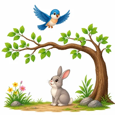 A bird above a branch and a rabbit below it.