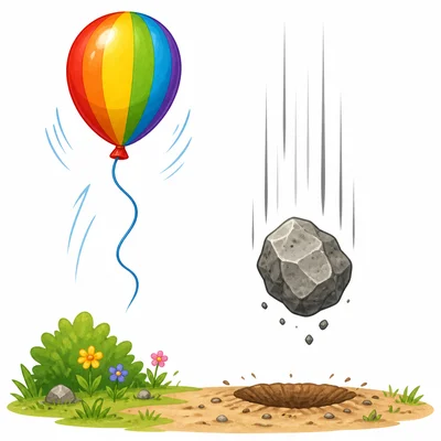 A balloon going up and a rock falling down.