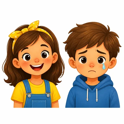 A happy child and a sad child.