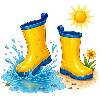 One wet boot in a puddle and one dry boot on the ground.