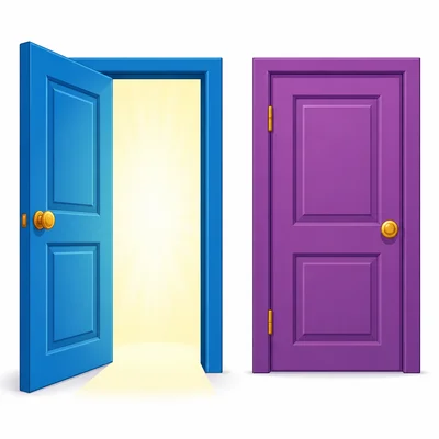An open door beside a closed door.