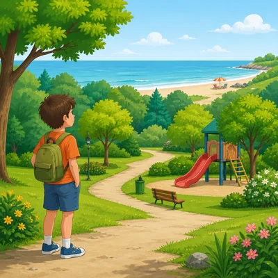A nearby park and a faraway beach.