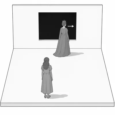 Stage diagram showing a queen facing a dark window while turned away from her son.