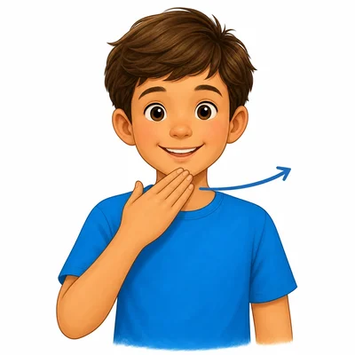 A child signing thank you by moving a flat hand outward from the chin.