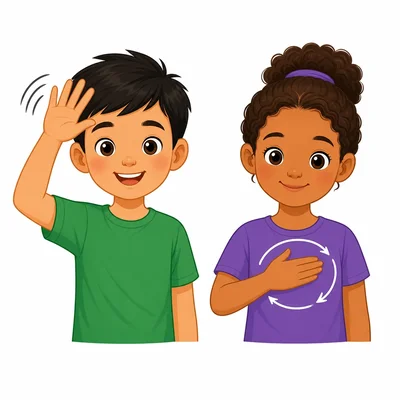 Two gesture choices: a wave near the forehead and a flat hand circling on the chest.