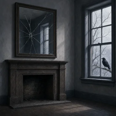 A cracked mirror above a cold fireplace with a black bird outside the window.