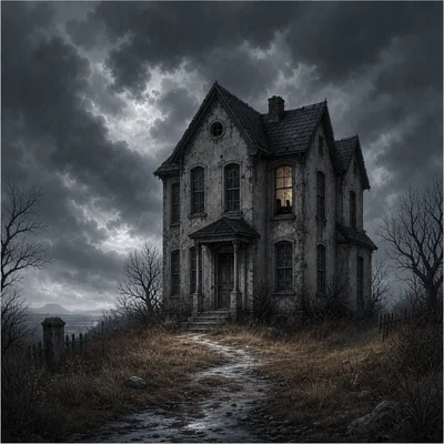 A gloomy old house in a storm with a lonely path and dark windows.