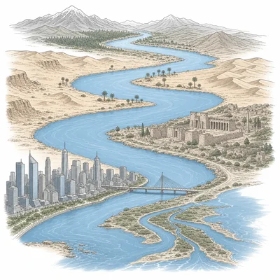 Connected rivers flowing through ancient and modern landscapes.