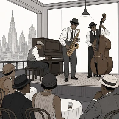 A simplified 1920s urban jazz performance scene.