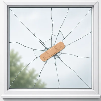 A small bandage covers part of a cracked window.