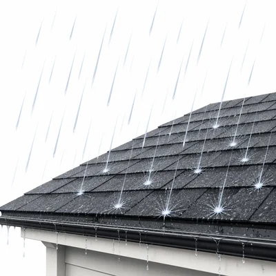 Needle-like rain taps against a roof.