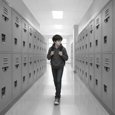 A student walks down a silent hallway where lockers seem watchful.