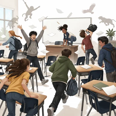 A chaotic classroom scene suggests a zoo-like atmosphere.