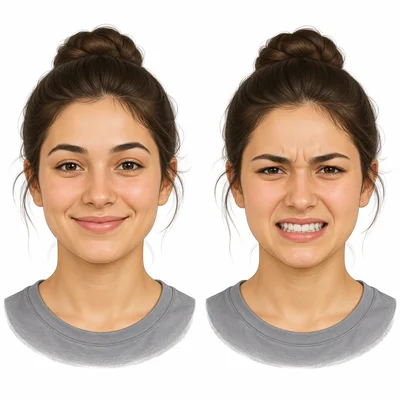 Two faces show a warm smile and a tense, tight smile.