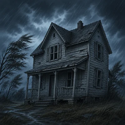 An old house creaks in a stormy wind.