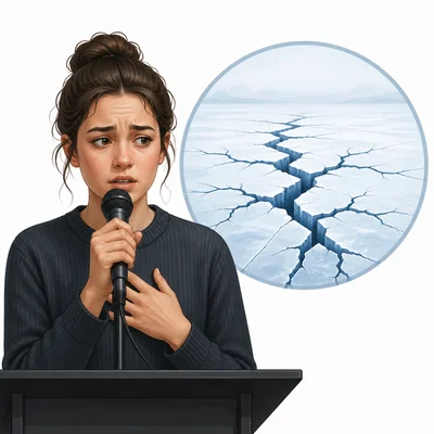 A nervous speaker is shown beside thin ice cracking.