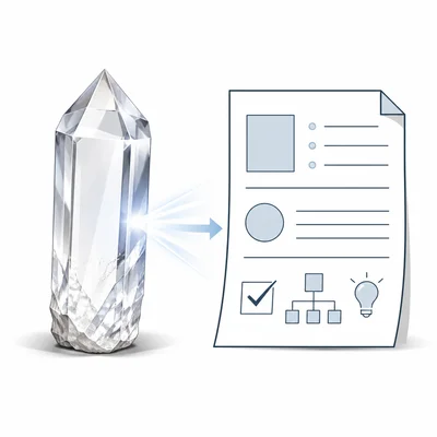 A clear crystal sits beside a blank instruction sheet, suggesting clarity.
