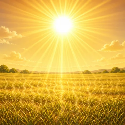 A blazing sun shines intensely over a field.