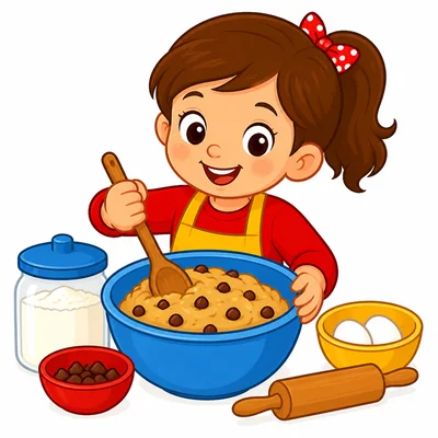 A girl mixes cookie dough in a bowl.