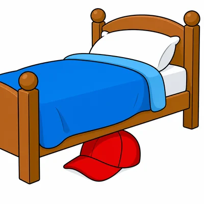A red hat is under a bed.