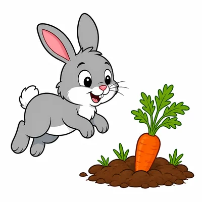 A rabbit hops toward a carrot in a garden.