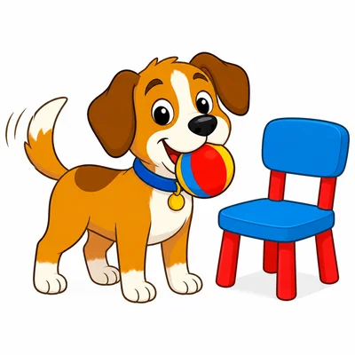 A dog holds a ball near a chair.