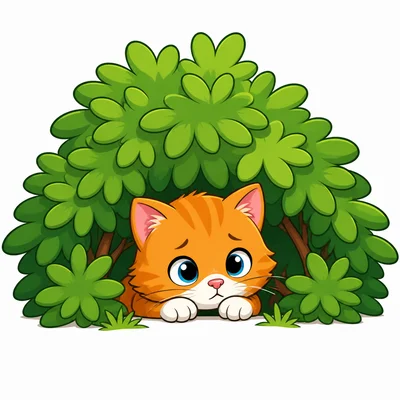 A kitten peeks out from under a bush.