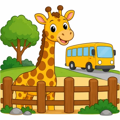 A giraffe at the zoo with a bus nearby.