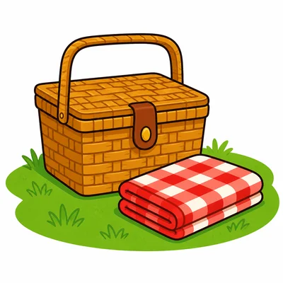 A picnic basket and folded blanket on grass.
