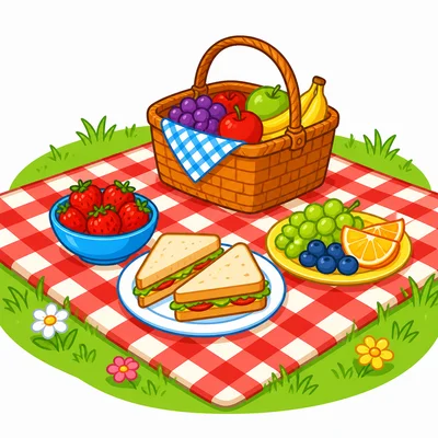 Food sits on a picnic blanket.