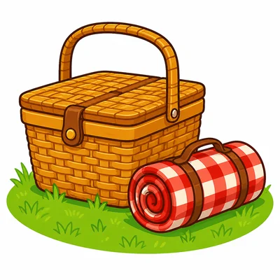 A packed picnic basket and rolled blanket.