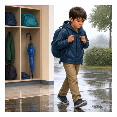 A girl walks home in the rain without an umbrella and gets wet.