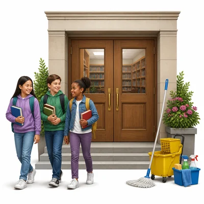 Students with books stand outside a closed library being cleaned.