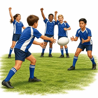A team practices passing a soccer ball and plays well together.